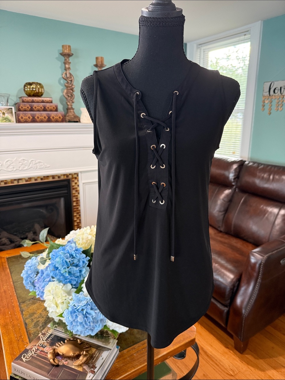 White House Black Market Black Lace-Up Sleeveless Top